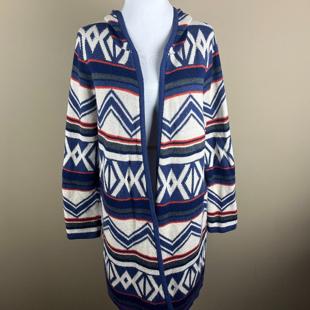 United States Sweaters Long Sleeve Open Cardigan Size L Blue Cream, Aztec Print
